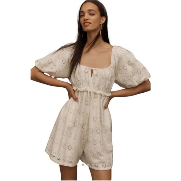 Anthropologie Small Pilcro Puff-Sleeve Eyelet Romper White MSRP $158 NWT - Picture 6 of 9